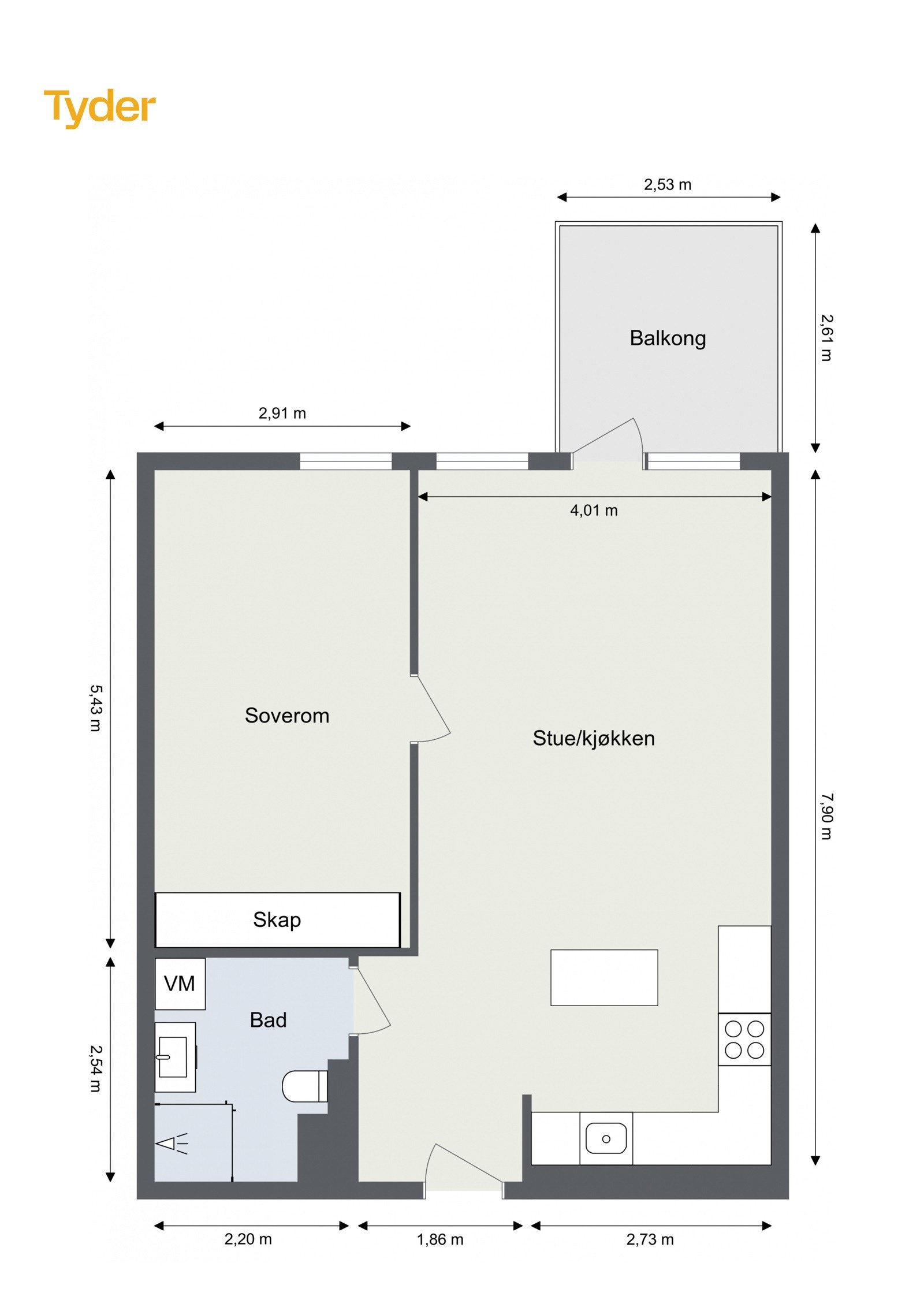 Plantegning 5. etasje. I tillegg disponerer leiligheten en loftsbod på ca. 5m². Heis i bygget. Galleribilde