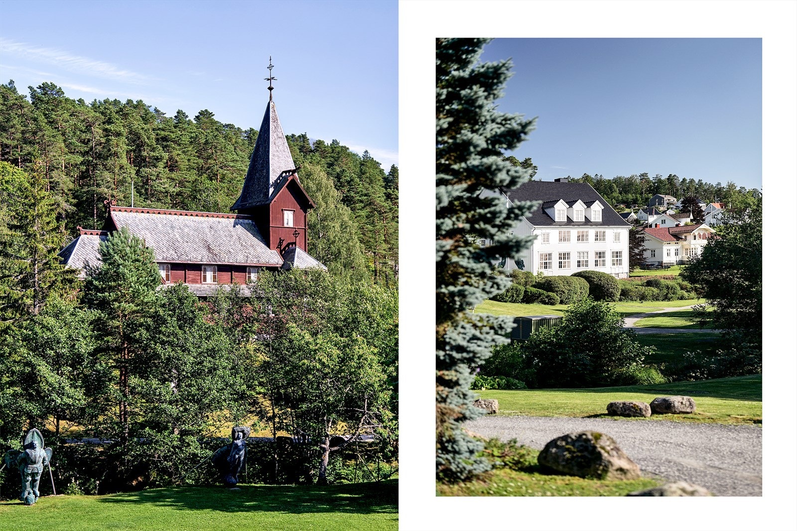 Hvitsten kirke fra 1903 og Hvitsten skole med park med gallionsfigurer. Galleribilde