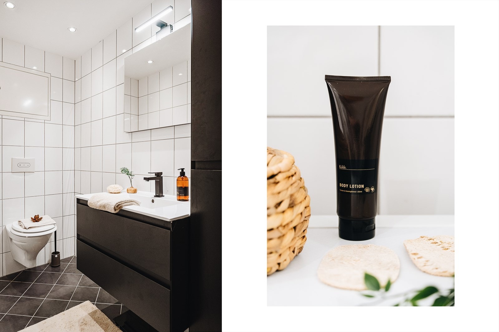 Badet er lekkert og helfliset med delikate kontraster - mørke fliser på gulv og lyse fliser på vegger. Det er varmekabler i gulv, og downlights i himling. Galleribilde