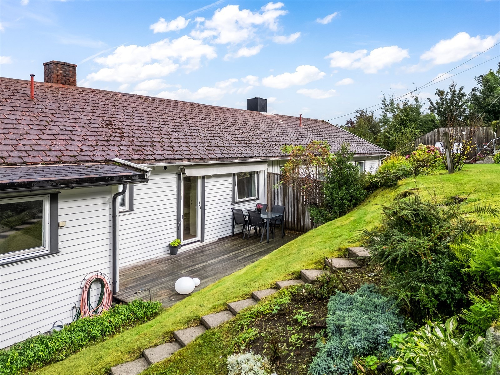 Pent opparbeidet hage med fin uteplass i bakkant. Galleribilde