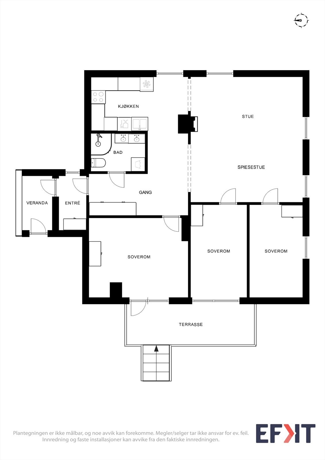 Plantegningen viser en arealeffektiv planløsning med tre soverom, bad og åpen stue/kjøkkenløsning. Galleribilde