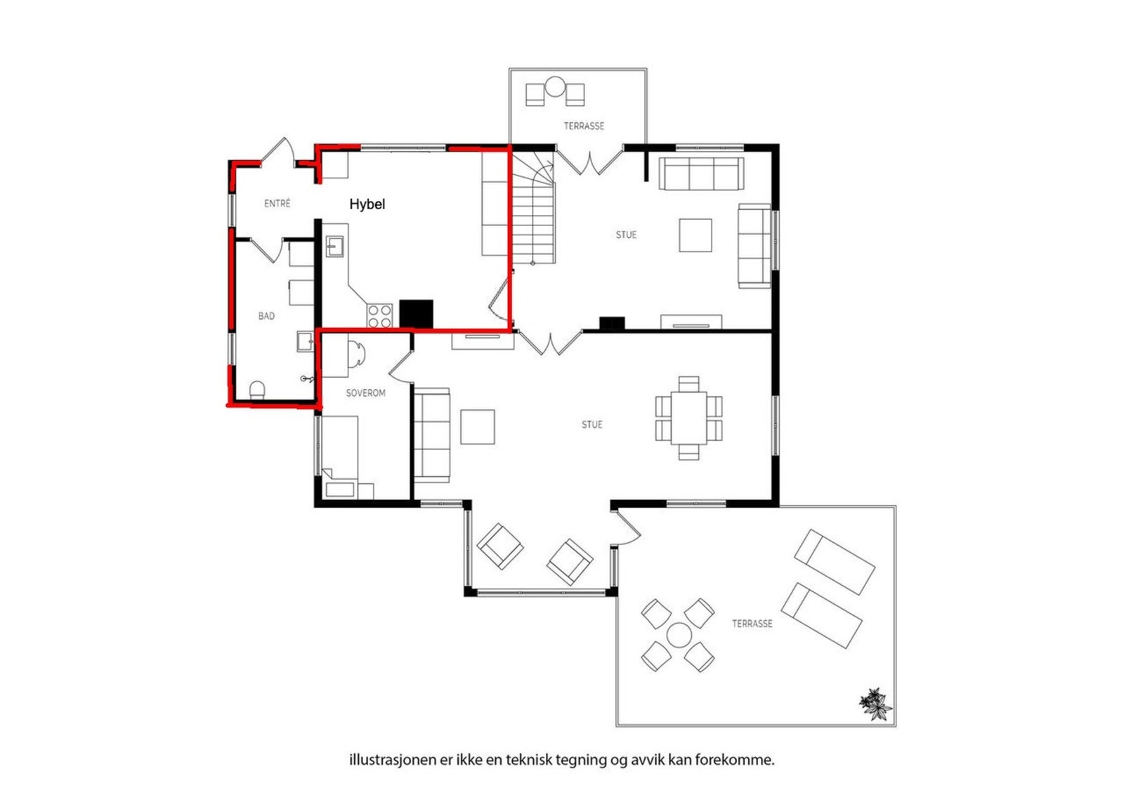 Alternativ planløsning for en eventuell hybel. Det er også omgjøringsmuligheter i kjeller. Galleribilde