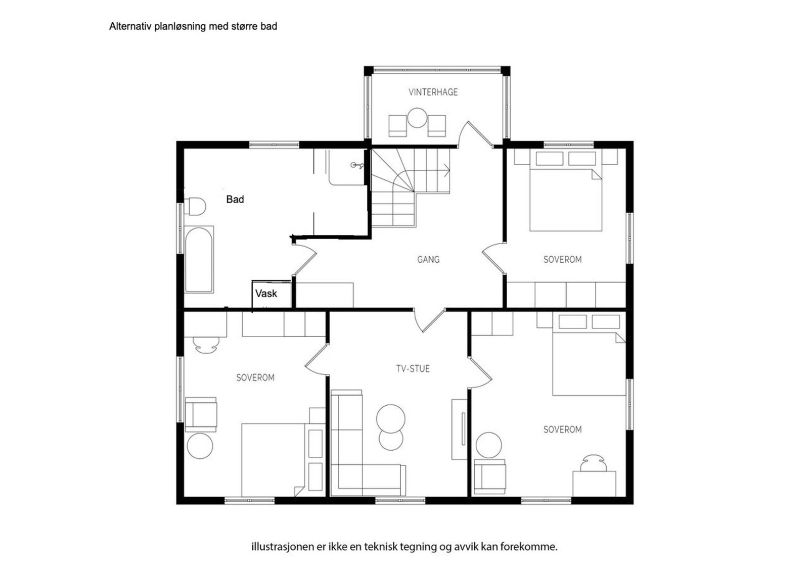 Alternativ planløsning med større bad. Galleribilde