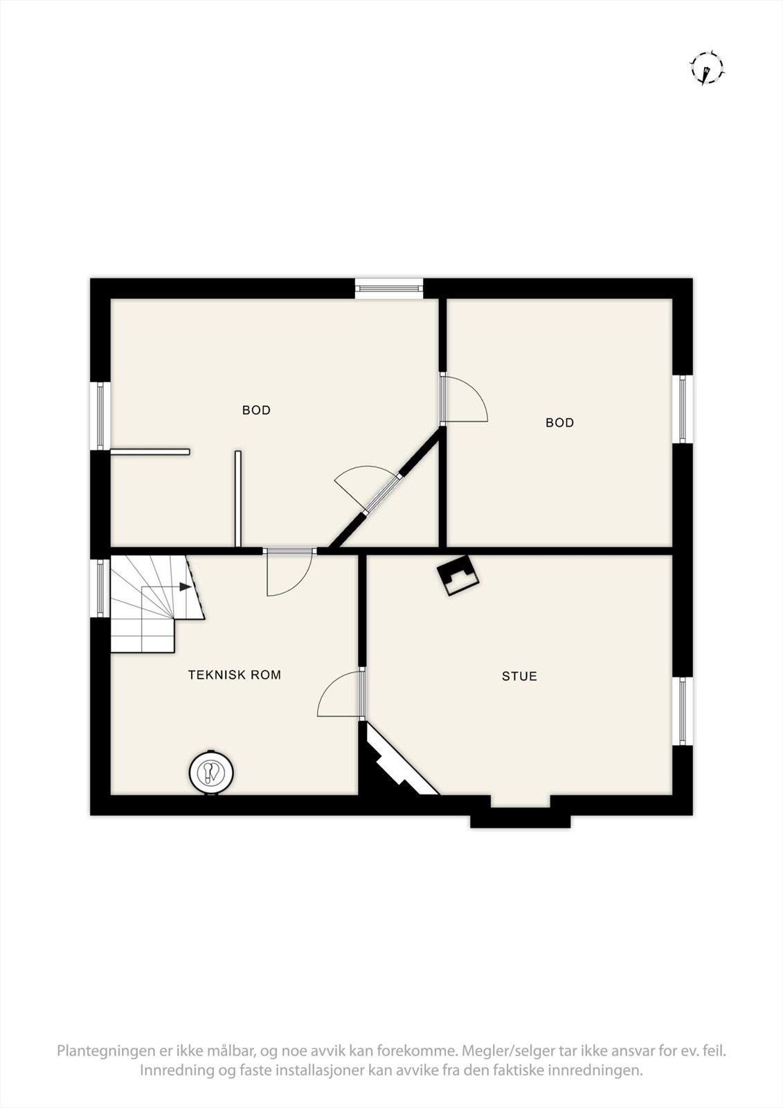 Kjelleretasjen inneholder teknisk rom og flere boder med rikelig lagringsplass. Galleribilde