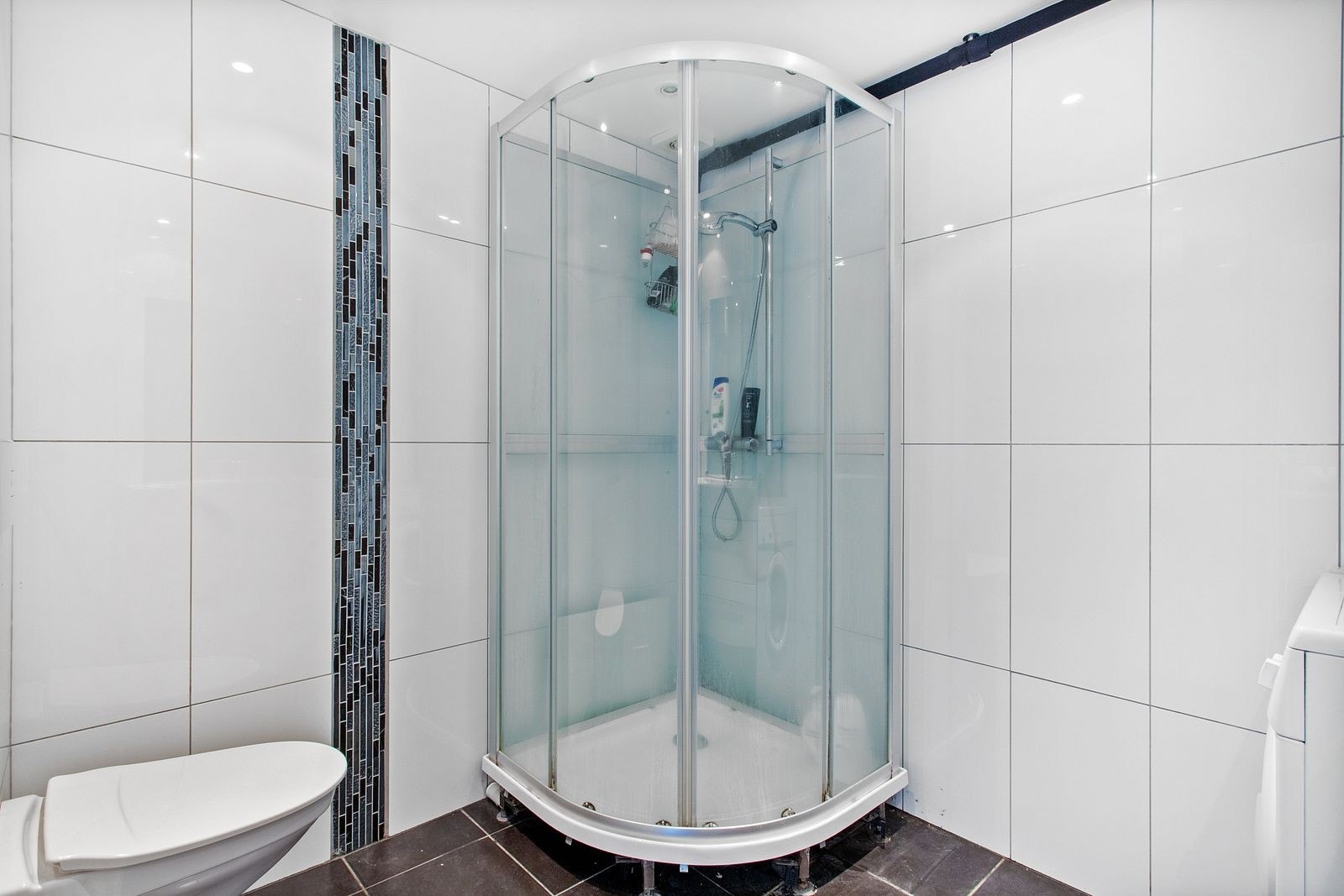 Bad med dusjkabinett, toalett og vaskemaskin Galleribilde