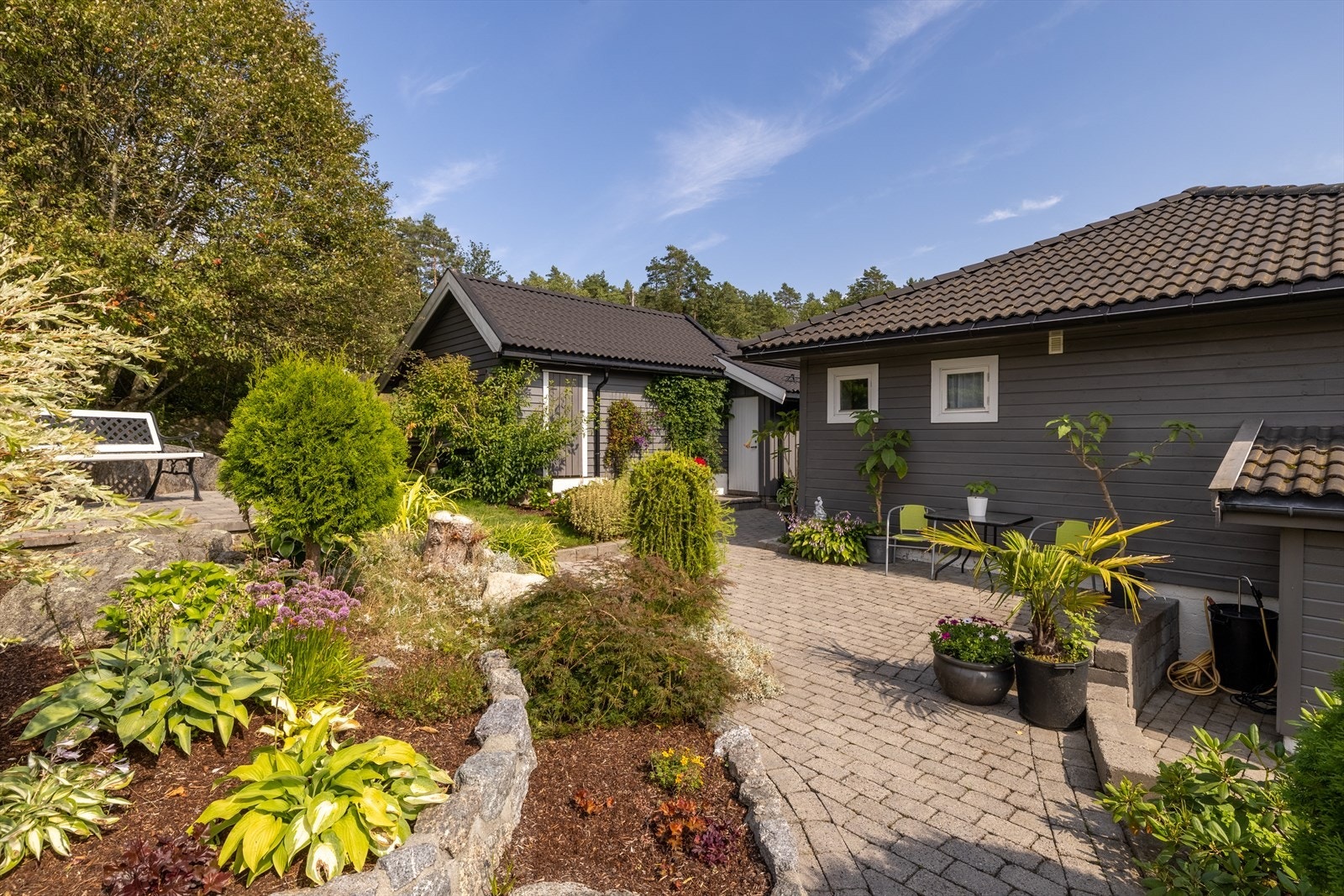 Flotte busker av syrinhortensia, klematis og strå med mer er fordelt utover uteområdene Galleribilde