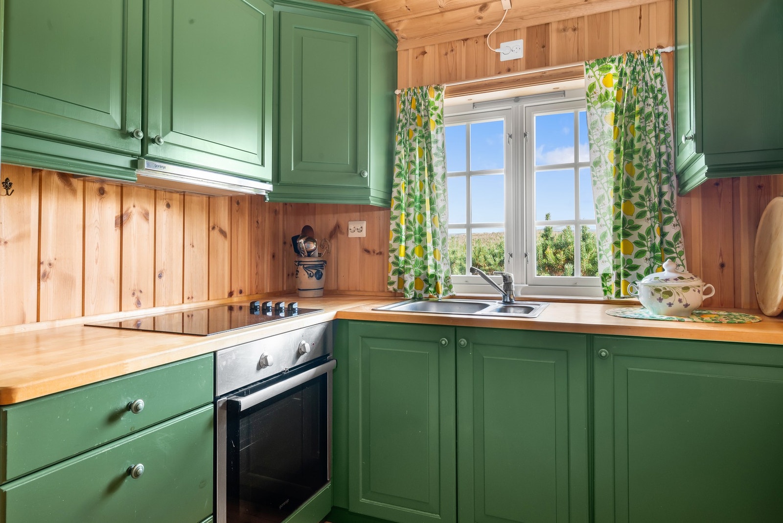 Fint kjøkken innredet med integrert kjøl/fryseskap, stekeovn og platetopp. Galleribilde