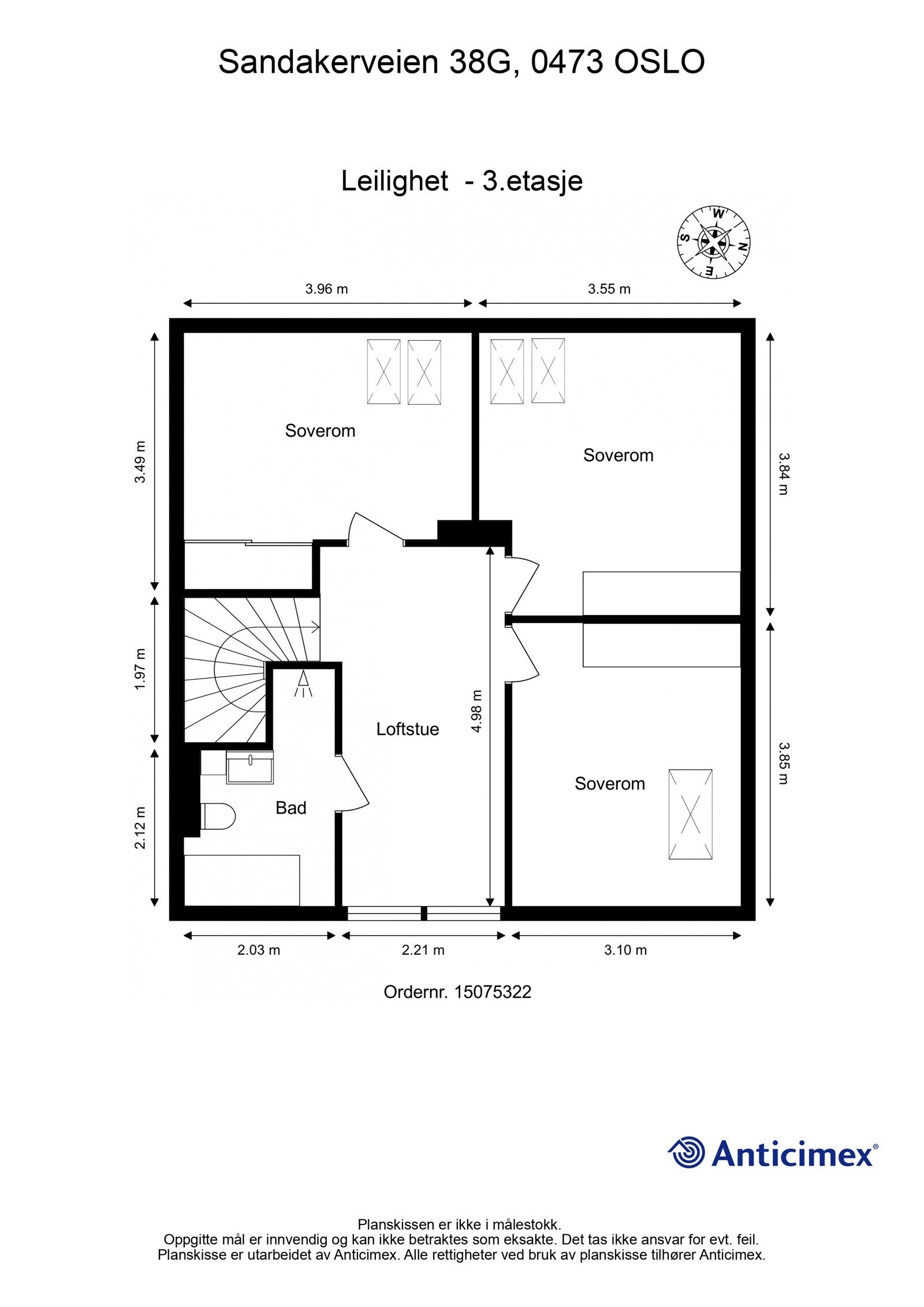 Plantegning over boligens 3. etasje med 3 soverom, loftsstue og baderom. Galleribilde