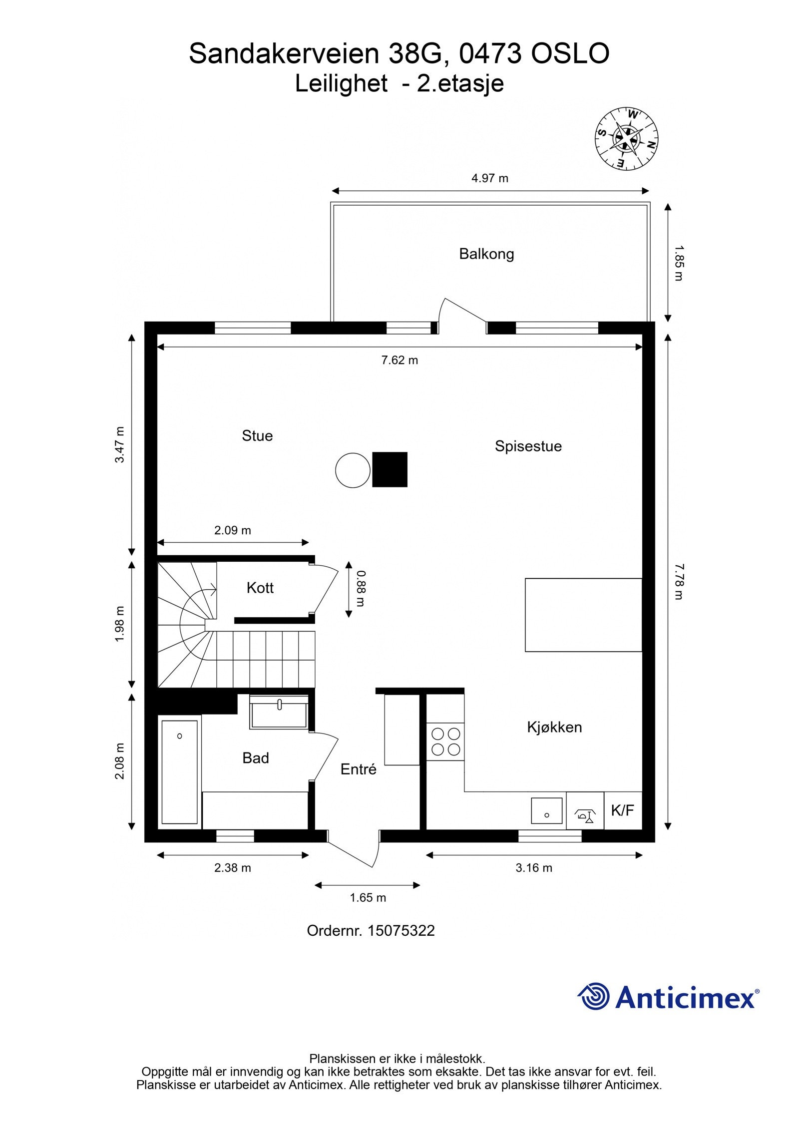 Plantegning over boligens 2. etasje. I tillegg disponerer boligen en kjellerbod på ca. 4m². Galleribilde