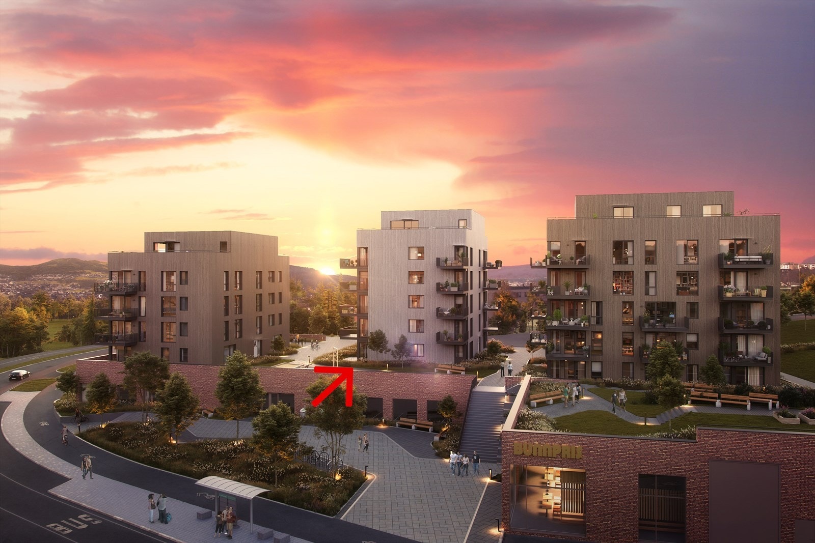 I første etasjen kommer det en ny Bunnprisbutikk og du har bussholdeplass rett ved leilighetene. Galleribilde