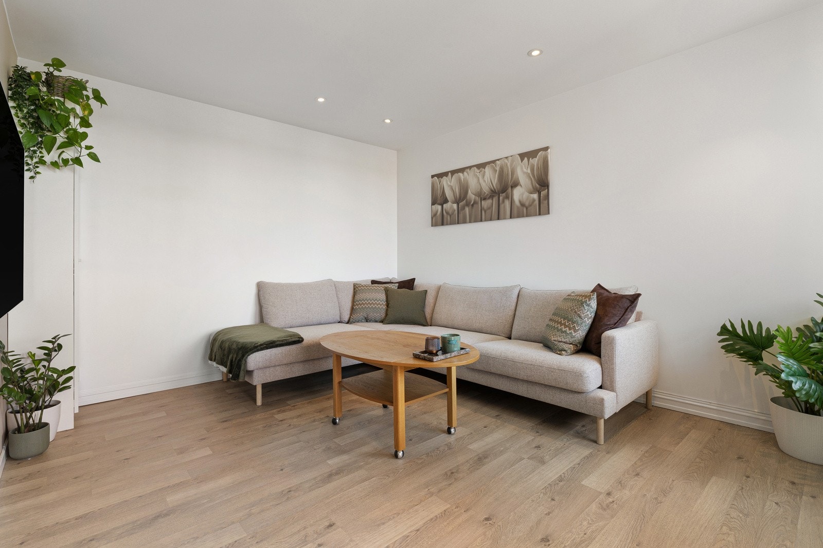 Stue med plass til sofagruppe, tv-møblement og enkelt spisebord Galleribilde