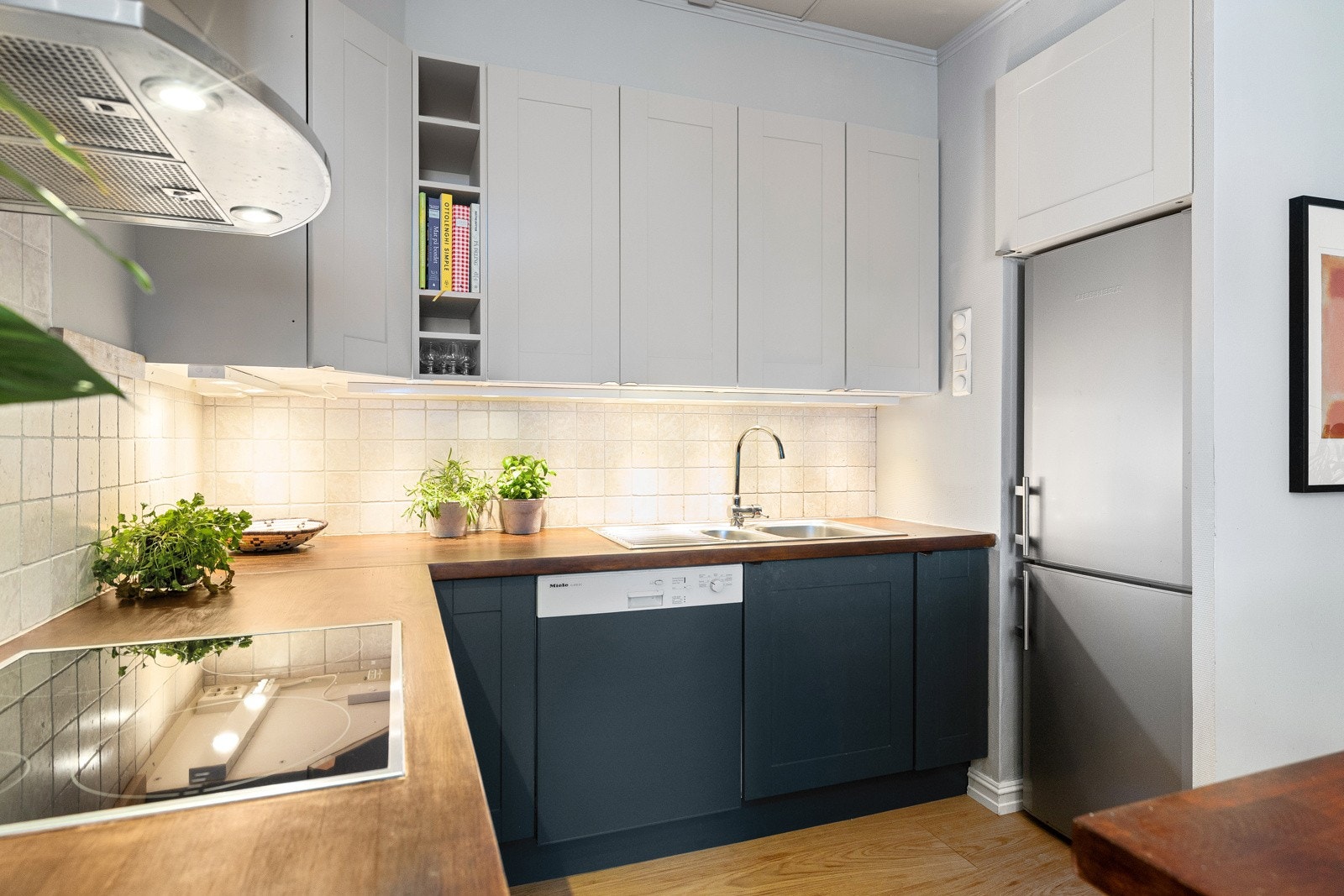 Løsningen inkluderer frittstående hvitevarer som kjøl-/fryseskap og oppvaskmaskin, mens induksjonstopp og stekeovn er integrert i innredningen. Galleribilde