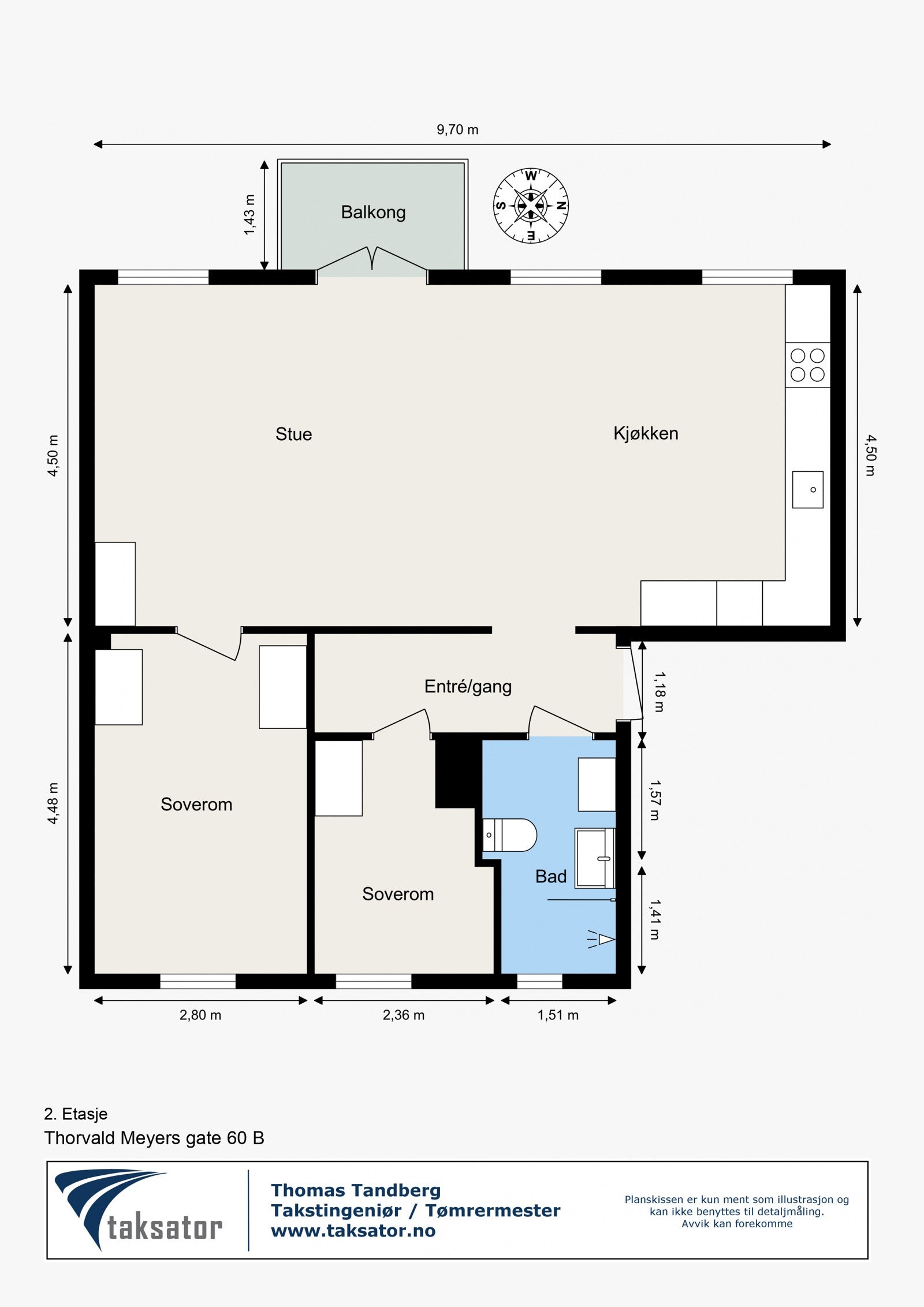 Målsatt planskisse. Det er også mulig å etablere et tredje soverom i stuen om man ønsker en 4-roms planløsning. Galleribilde