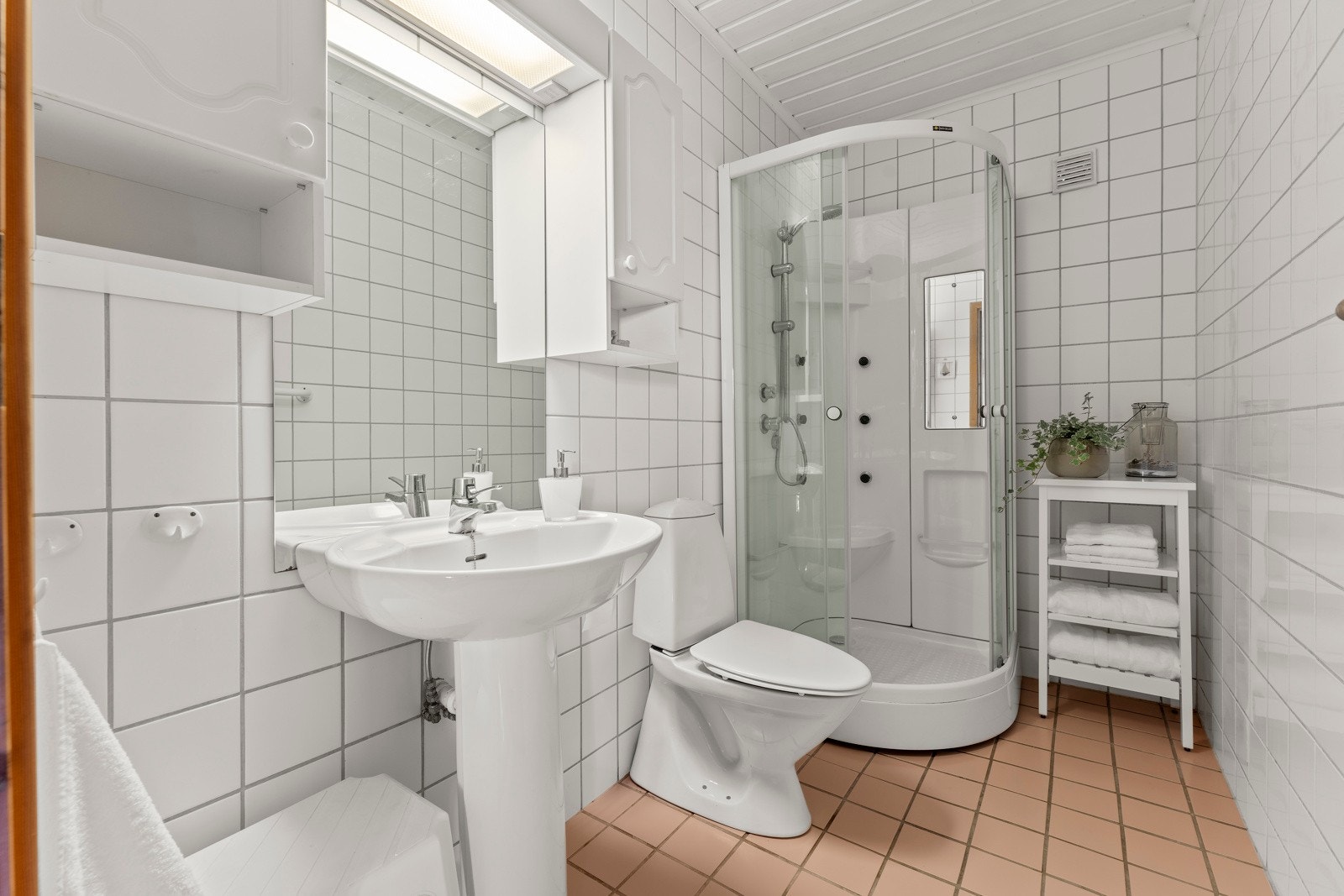Badet i underetasje har dusjkabinett, toalett og servant og elektriske varmekabler. Galleribilde