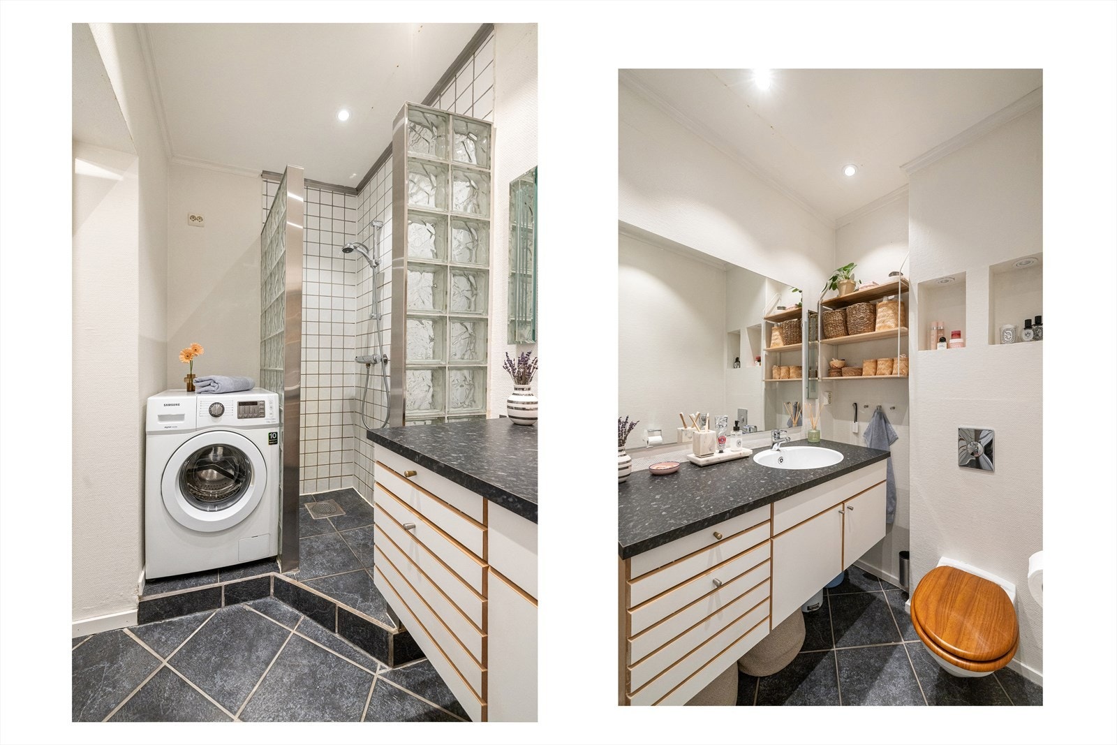 Badet er utstyrt med veggmontert toalett, dusjhjørne og baderomsinnredning med skap, skuffer, nedfelt servant med ettgreps armatur fra Oras og speil. Det er opplegg for vaskemaskin. Galleribilde