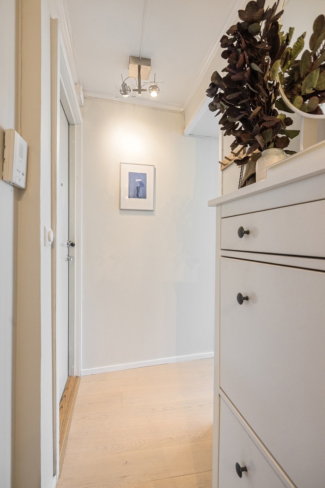 I gangen er det plass til skyvedørsgarderobe, skohylle og knagger for oppbevaring av yttertøy. Galleribilde