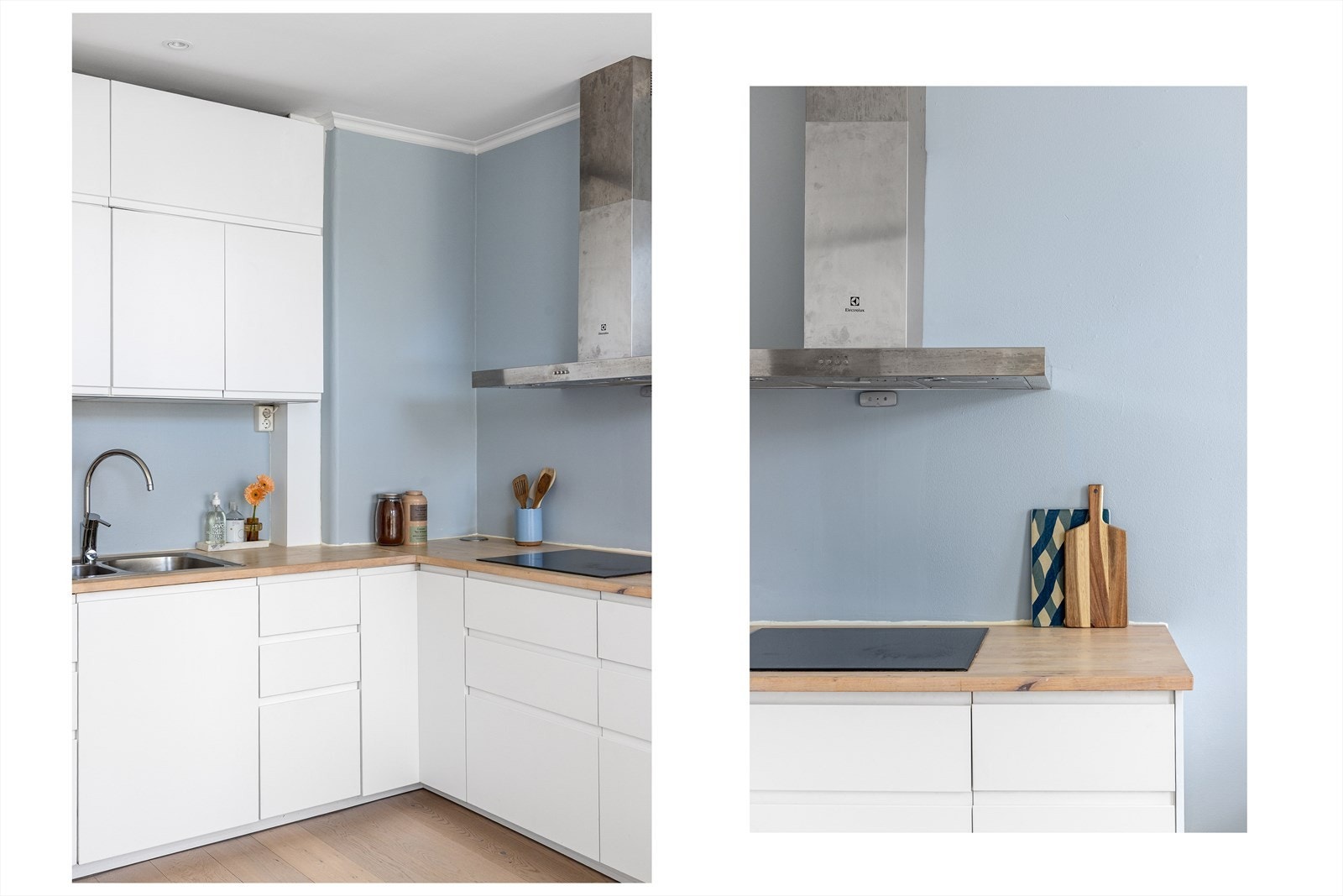 Det er integrert stekeovn, platetopp og oppvaskmaskin samt frittstående kjøl/fryseskap. Det er montert komfyrvakt og automatisk vannstopper. Galleribilde