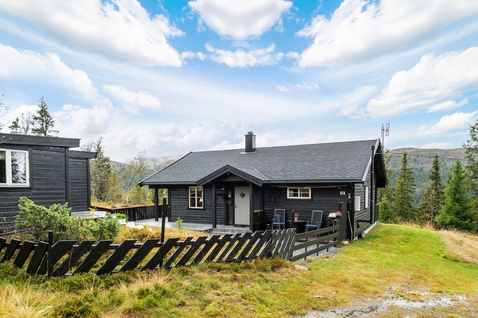 Pent opparbeidet tomt med gress. Parkering på egen tomt. Galleribilde