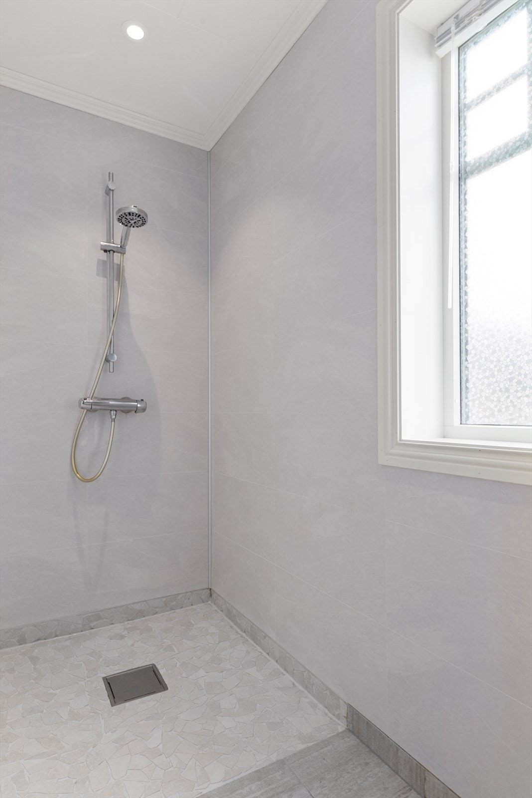 Fliser på gulv og en romslig dusjnisje Galleribilde