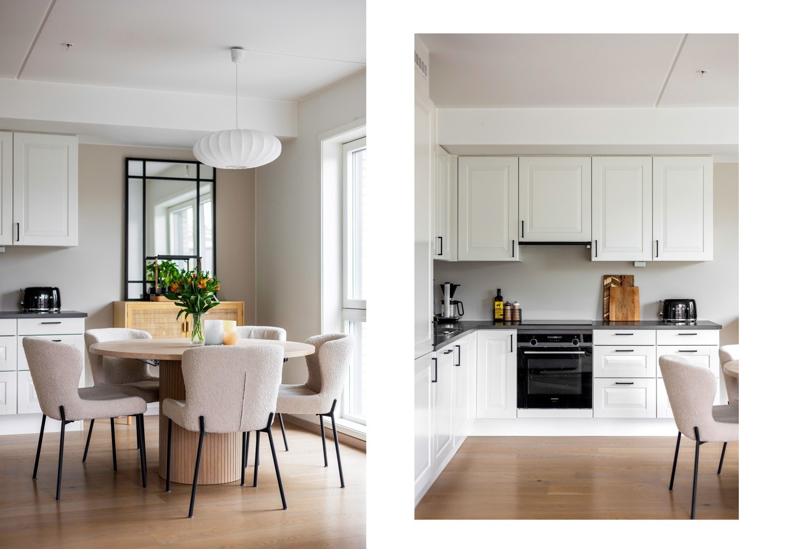 Innredningen har profilerte hvite fronter, og et vitrineskap er montert på benkeplaten Galleribilde