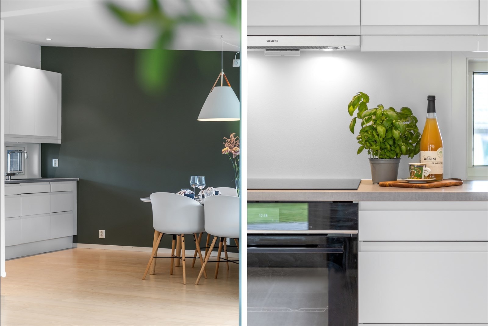 Samtlige himlinger i boligen har hvitmalt gips som understreker det moderne uttrykket. Det er utstrakt bruk av integrerte LED downlights i himlingene. Galleribilde