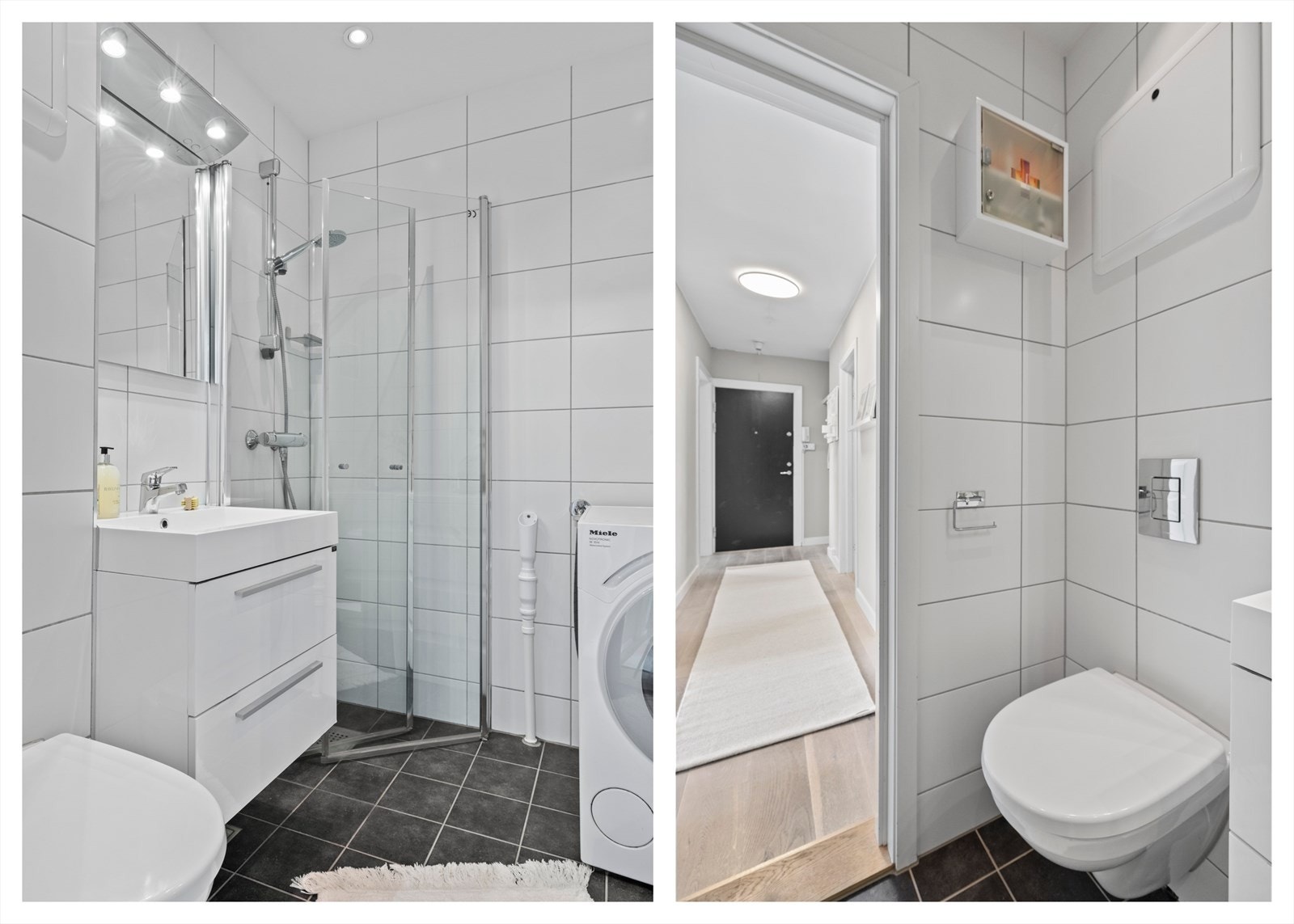 Over servanten er det montert speilskap med integrert belysning, og i himlingen er det innfelte downlights. Badet har opplegg for vaskemaskin og ventilasjon med naturlig avtrekk Galleribilde