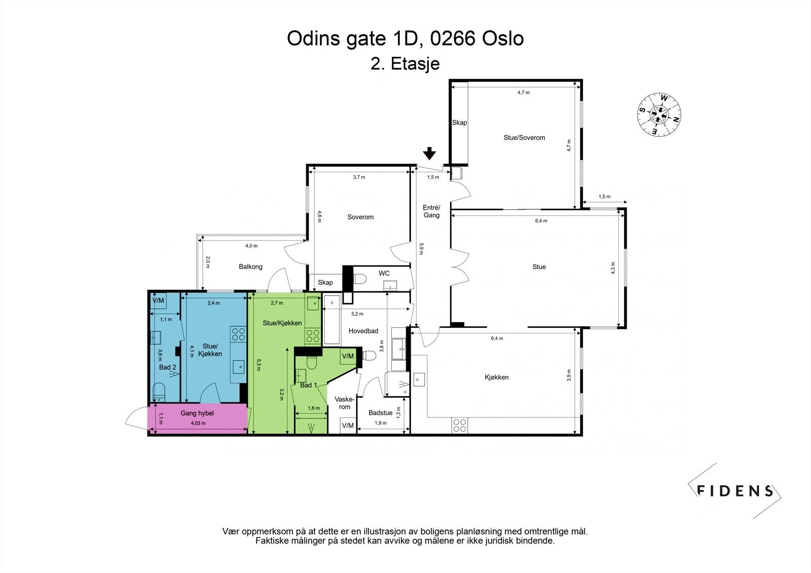Plantegning. Leiligheten disponerer i tillegg tre boder (to i kjeller og én på loft) på tilsammen 29 kvm. Galleribilde