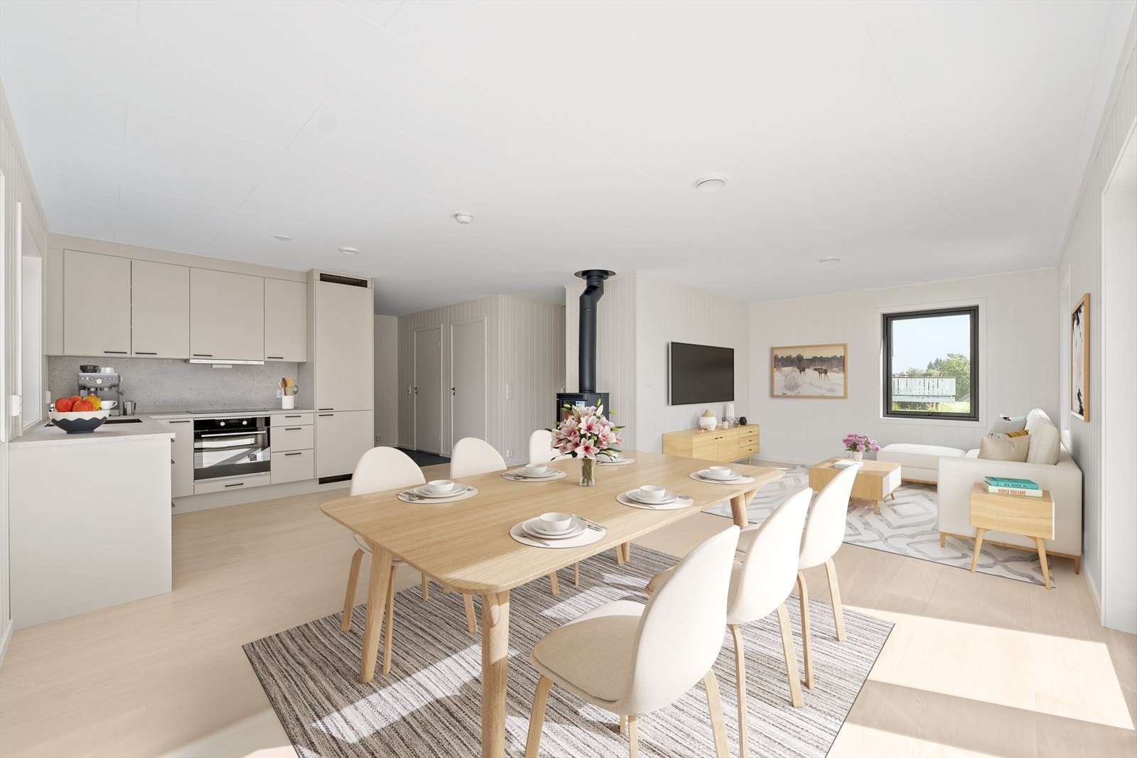 Den åpne løsningen mot kjøkken gir en sosial sone perfekt for både hverdag og selskap. Galleribilde