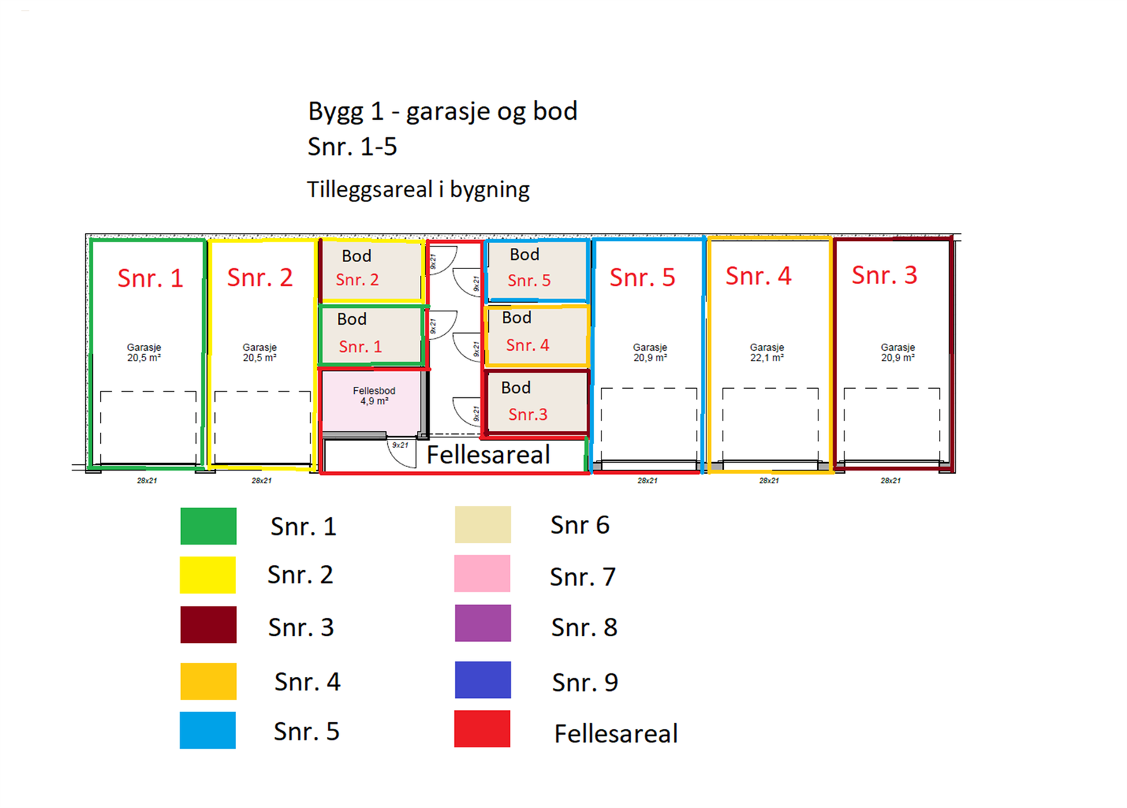 Oversikt over garasje og tilhørende bod til leiligheten. Leiligheten disponerer det som er merket med snr. 2. Galleribilde