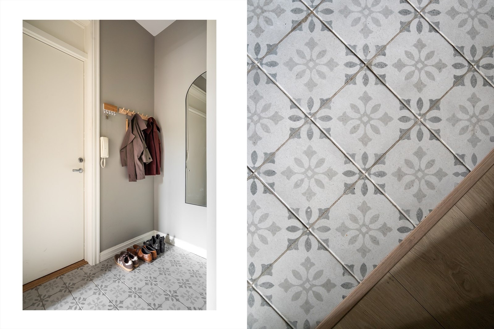 Entréen gir et godt førsteinntrykk med flislagt gulv, termostatstyrte varmekabler og god plass til sko og yttertøy. Galleribilde