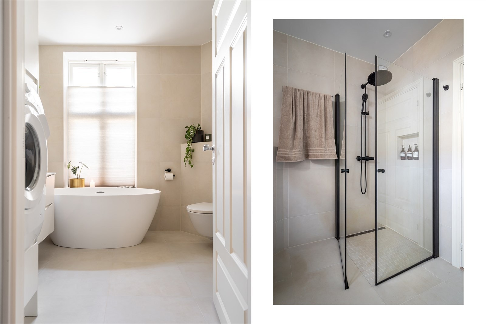 Innredningen består blant annet av et frittstående badekar med veggmontert dusjutstyr, en nedsenket dusjsone med regnfallsdusj og svingdører. Galleribilde