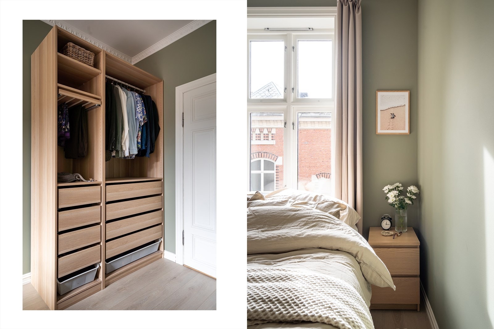 Rommet er innredet med en åpen garderobeløsning fra IKEA Pax, som gir rikelig og oversiktlig oppbevaringsplass. Galleribilde