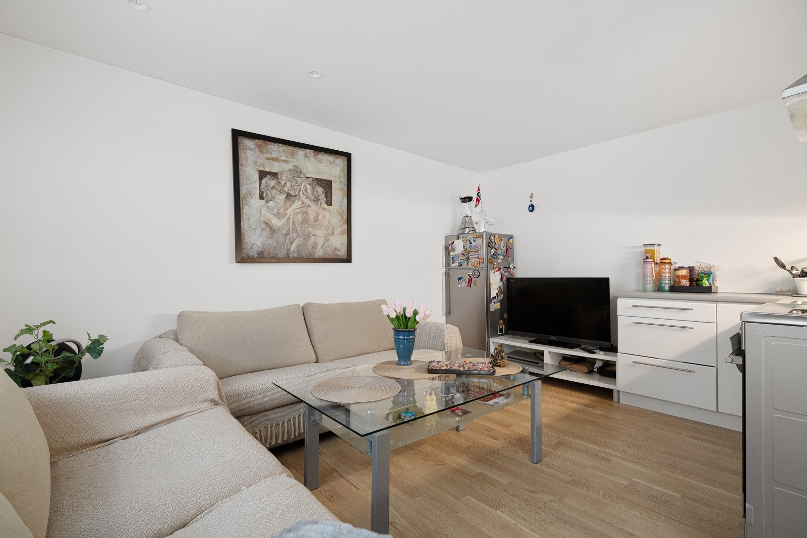 Hvert kjøkken har pen innredning og enkelte medfølgende hvitevarer, og de ligger i åpen løsning med en luftig og fin stue. Galleribilde