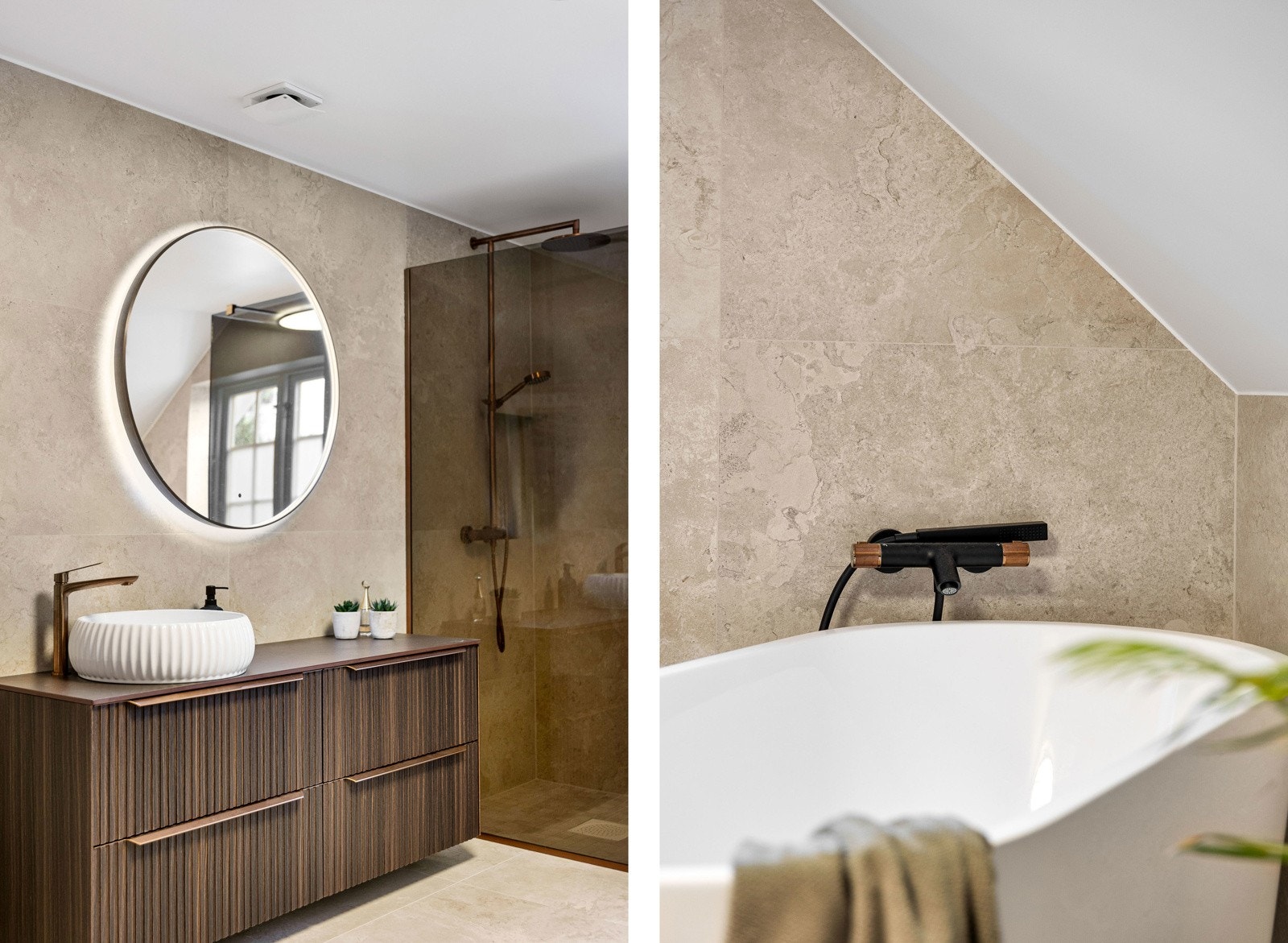 Både gulv og vegger er kledd i store, brune fliser med varme i gulv. Galleribilde