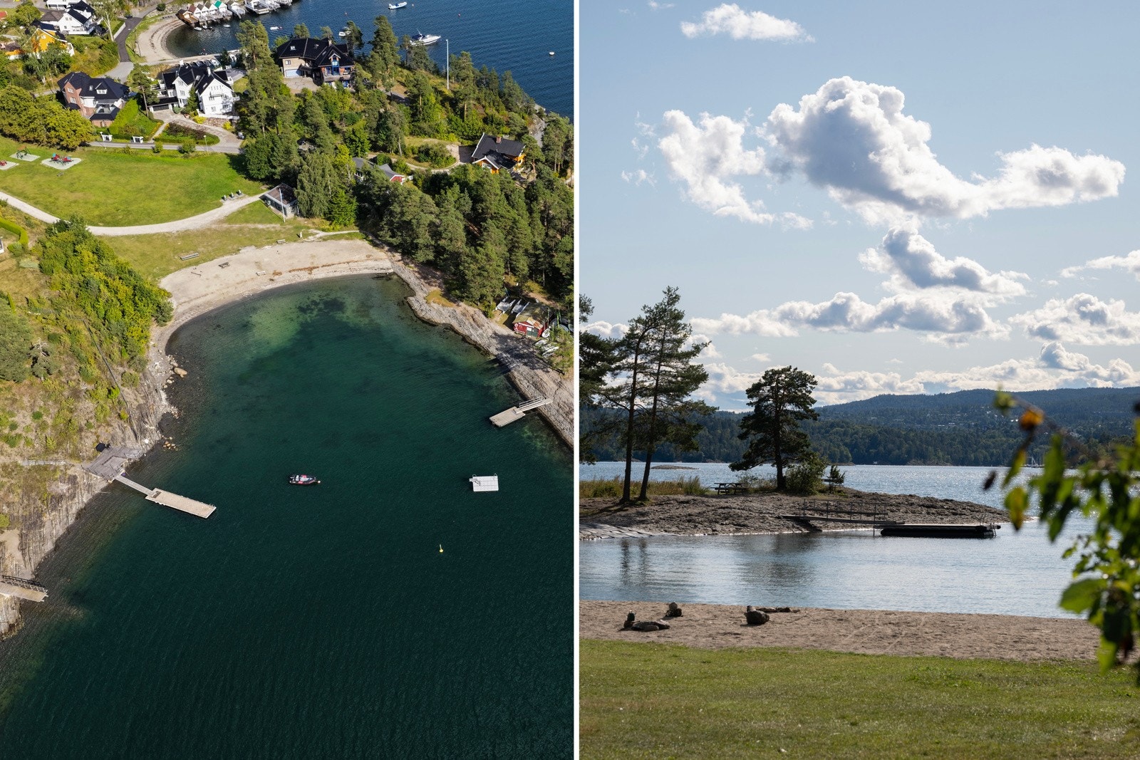 Dronefoto over Hvamodden med fantastiske bademuligheter i indre Oslofjord Galleribilde