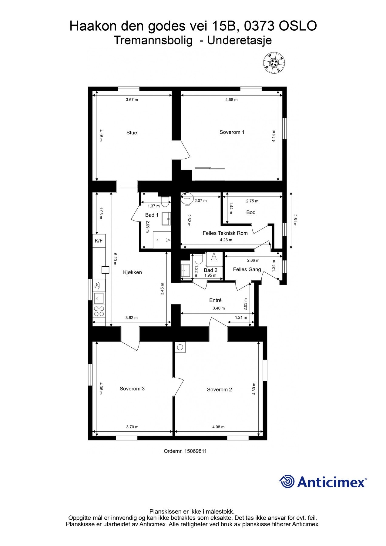 Leiligheten inneholder: Entré, to bad, stue, kjøkken og tre
soverom. BRA-i: 113m2. Galleribilde