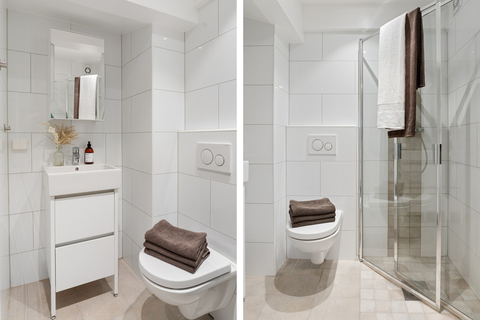 Baderom 2 med adkomst fra entré. Baderom fra 2017. Flislagt gulv med varme. Dusjsone med innfellbare dører av stoppekraner plassert i himling. Galleribilde