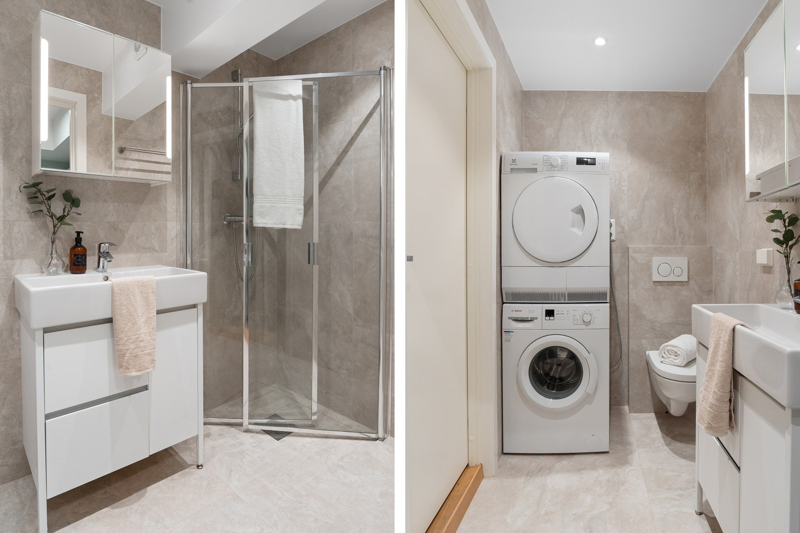 Bad med adkomst fra kjøkken. Badet ble rehabilitert i 2025 med flislagt gulv med varme. Opplegg for vaskemaskin og tørketrommel. Elektrisk avtrekksvifte på vegg. Galleribilde