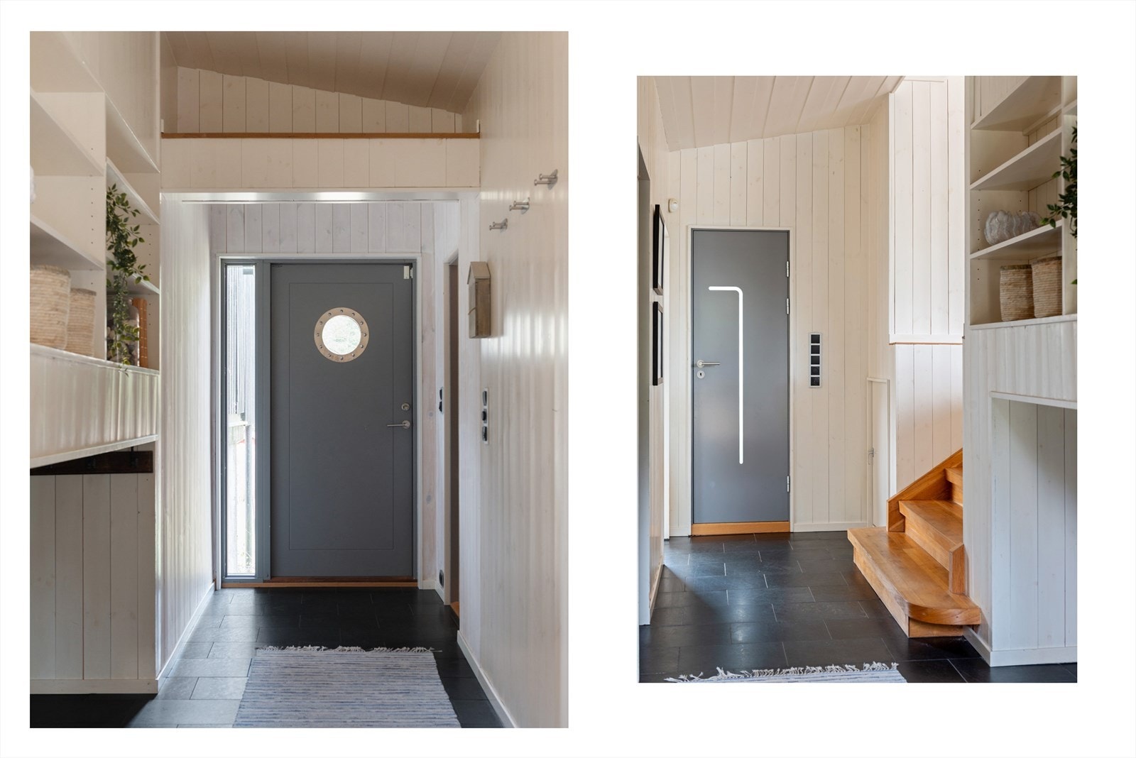 Det er plass til knagger, hyller og skohylle for oppbevaring av yttertøy. Gangen har praktiske gulvfliser. Galleribilde