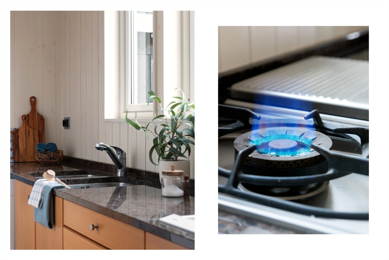 Det er frittstående hvitevarer med kjøleskap, fryseskap og oppvaskmaskin samt integrerte hvitevarer med gassplatetopp og elektrisk platetopp, stekeovn og dampovn. Galleribilde