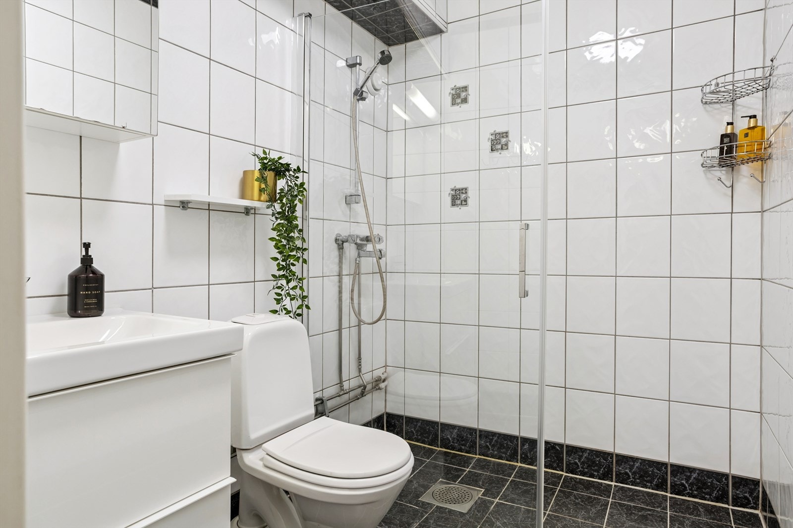 Eldre, helfliset bad med toalett, servant med underskap, speilskap og dusj med glassdør. Galleribilde