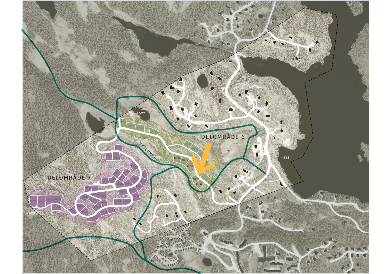 Tomtefeltet med delområde 6 og 7. Tomt markert Galleribilde