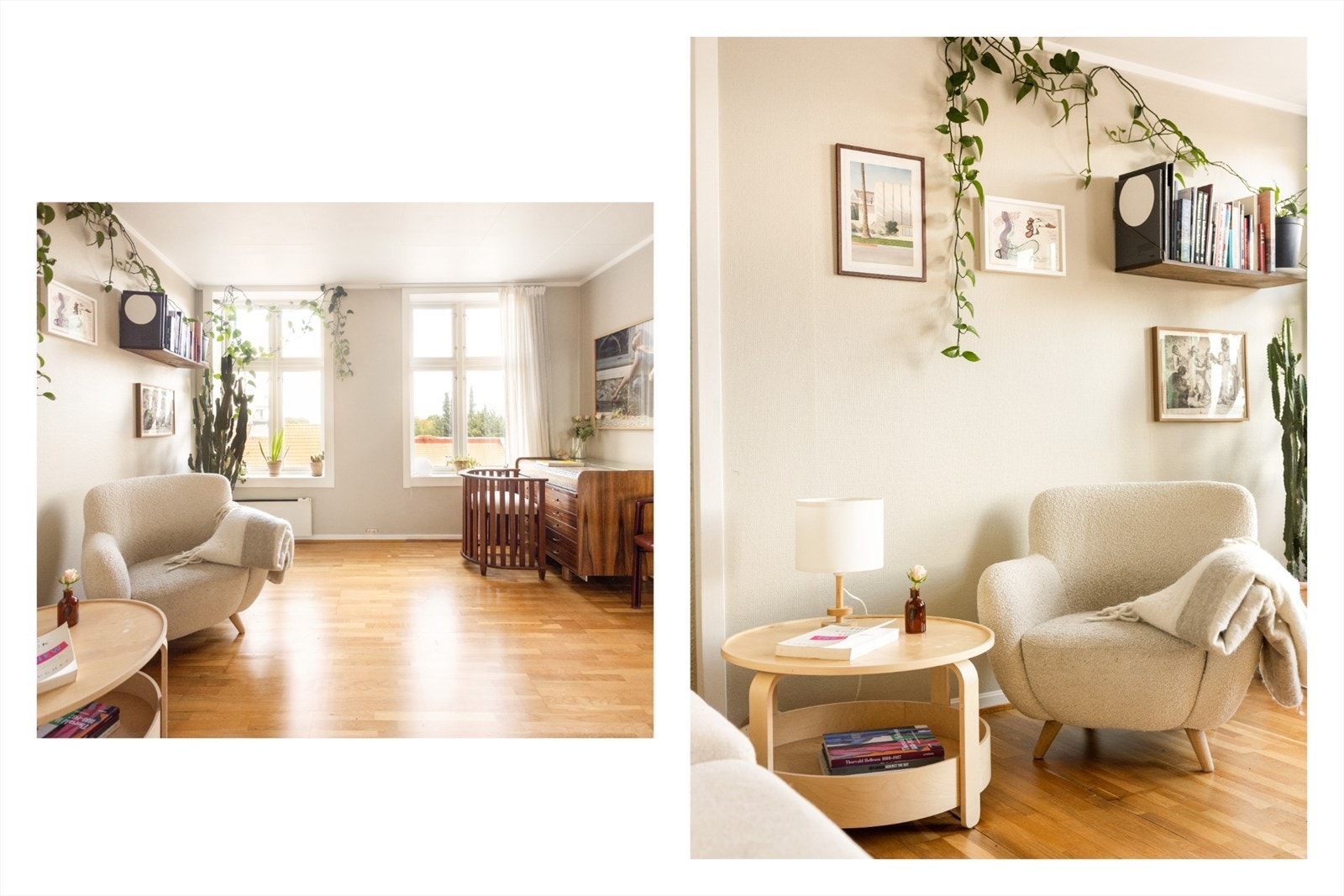 Stuen er malt i harmoniske farger som skaper en avslappet atmosfære og et moderne preg. Galleribilde