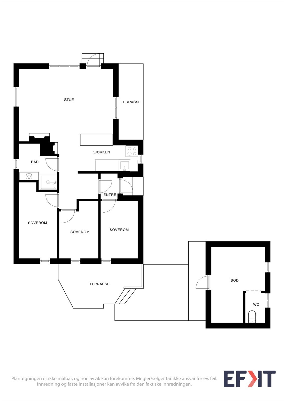 Plantegning er ikke målbar, og noe avvik kan forekomme. Megler/selger tar ikke ansvar for ev. feil. Innredning og faste installasjoner kan avvike fra den faktiske innredningen. Galleribilde