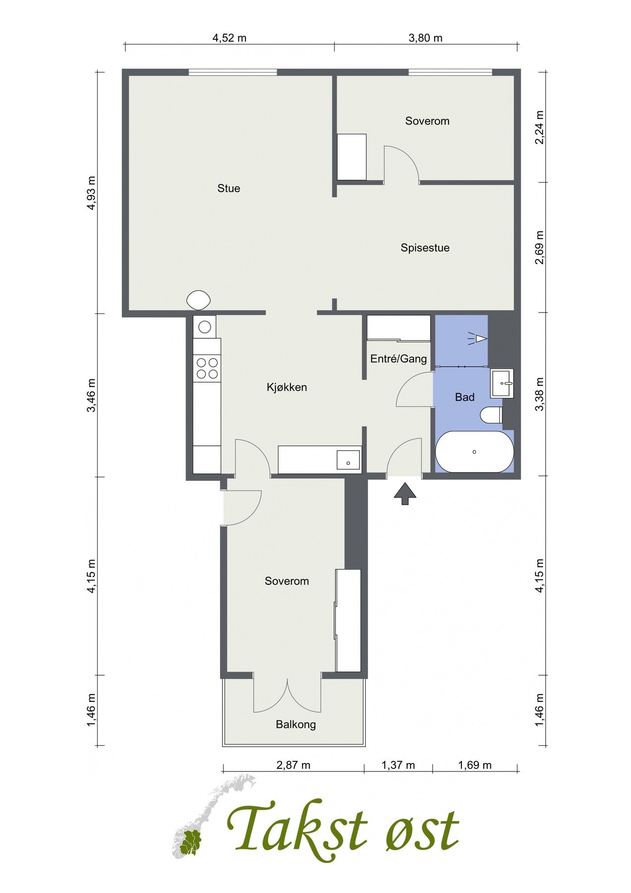 Plantegning. I tillegg disponerer leiligheten en kjellerbod og en loftsbod. Galleribilde
