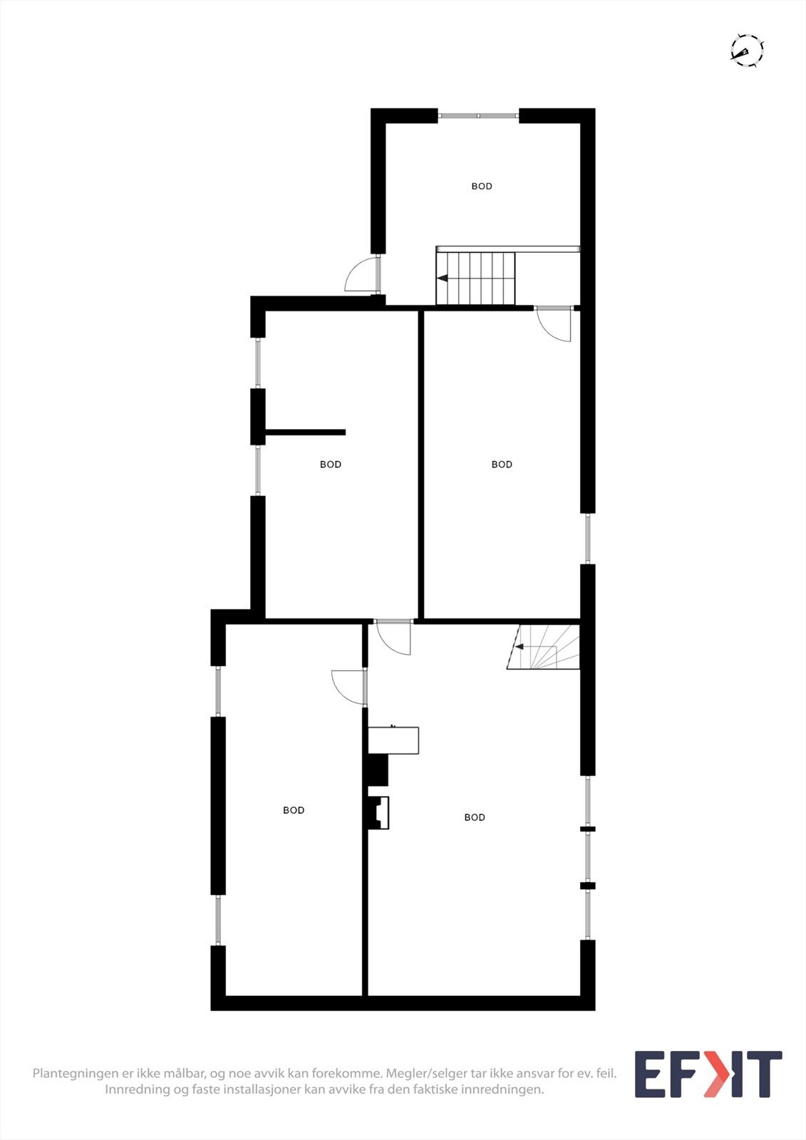 Plantegning av kjeller. Her kan det også sees på mulighet for bruksendring til blant annet soverom og oppholdsrom. Det største rommet har vedfyring. Galleribilde