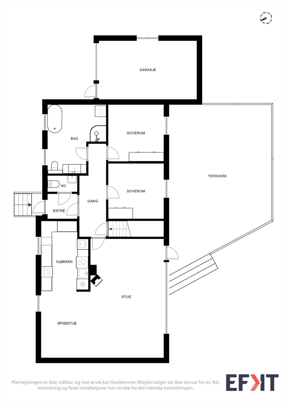 Planskisse 1 etg. Det kan sees på mulighet for omgjøring av garasje til f.eks ekstra soverom. Galleribilde