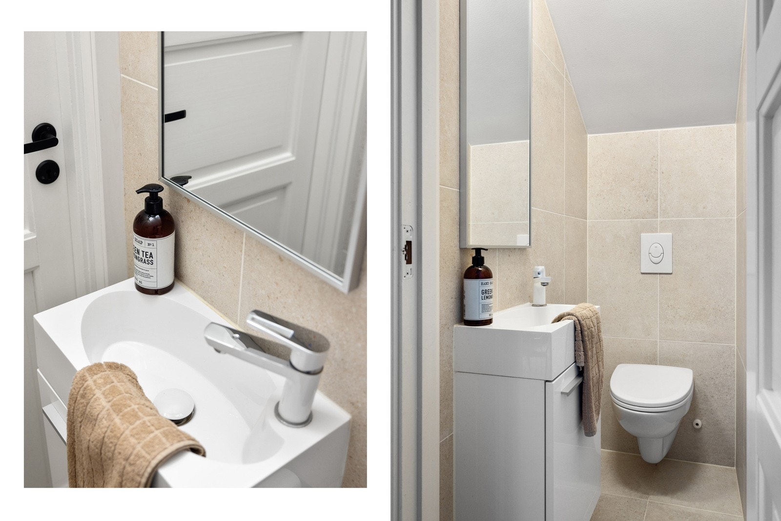 Veggmontert servantskap med ett-greps armatur i krom. Innebygget sisterne med vegghengt toalett. Galleribilde