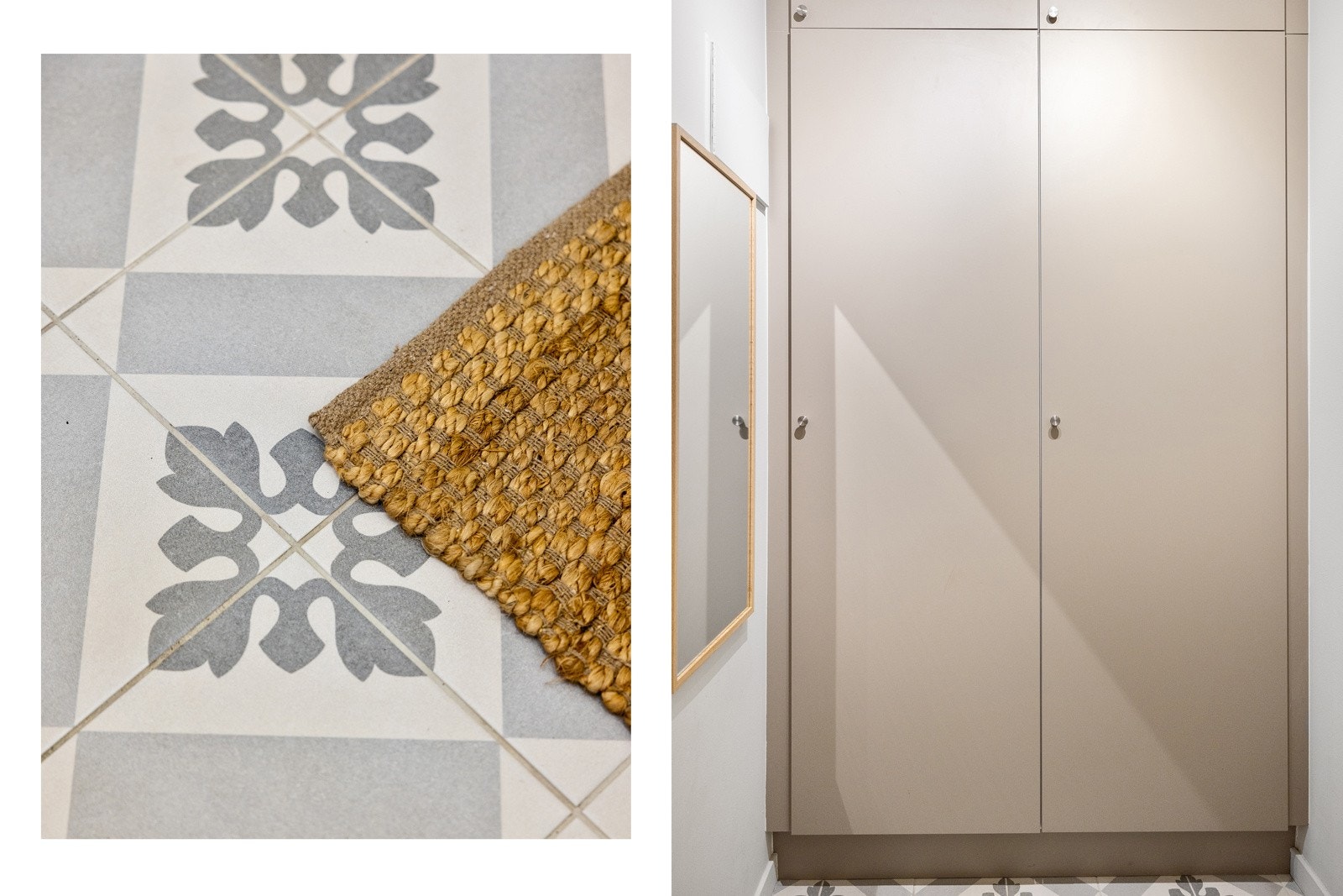 Det er gulvvarme under flisene. Plassbygget benk og garderobeskap fra HTH som gir gode oppbevaringsmuligheter. Galleribilde