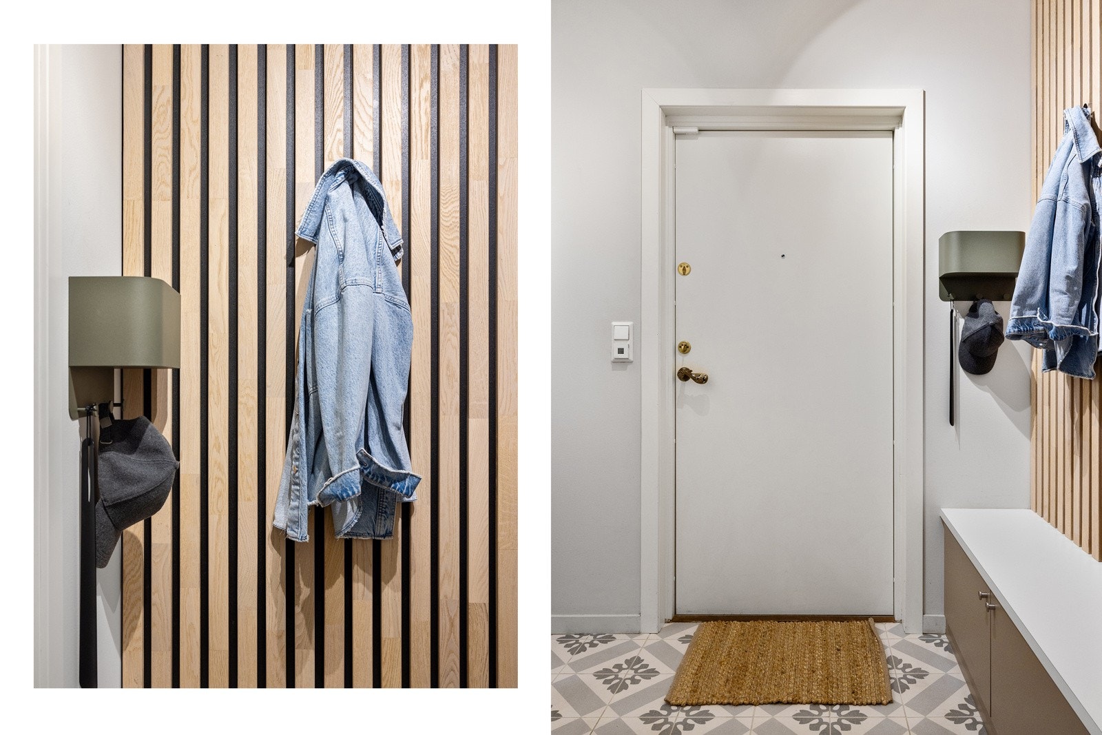 Innbydende inngangsparti med historiske fliser på gulv, malte vegger og synlinge spiler Galleribilde